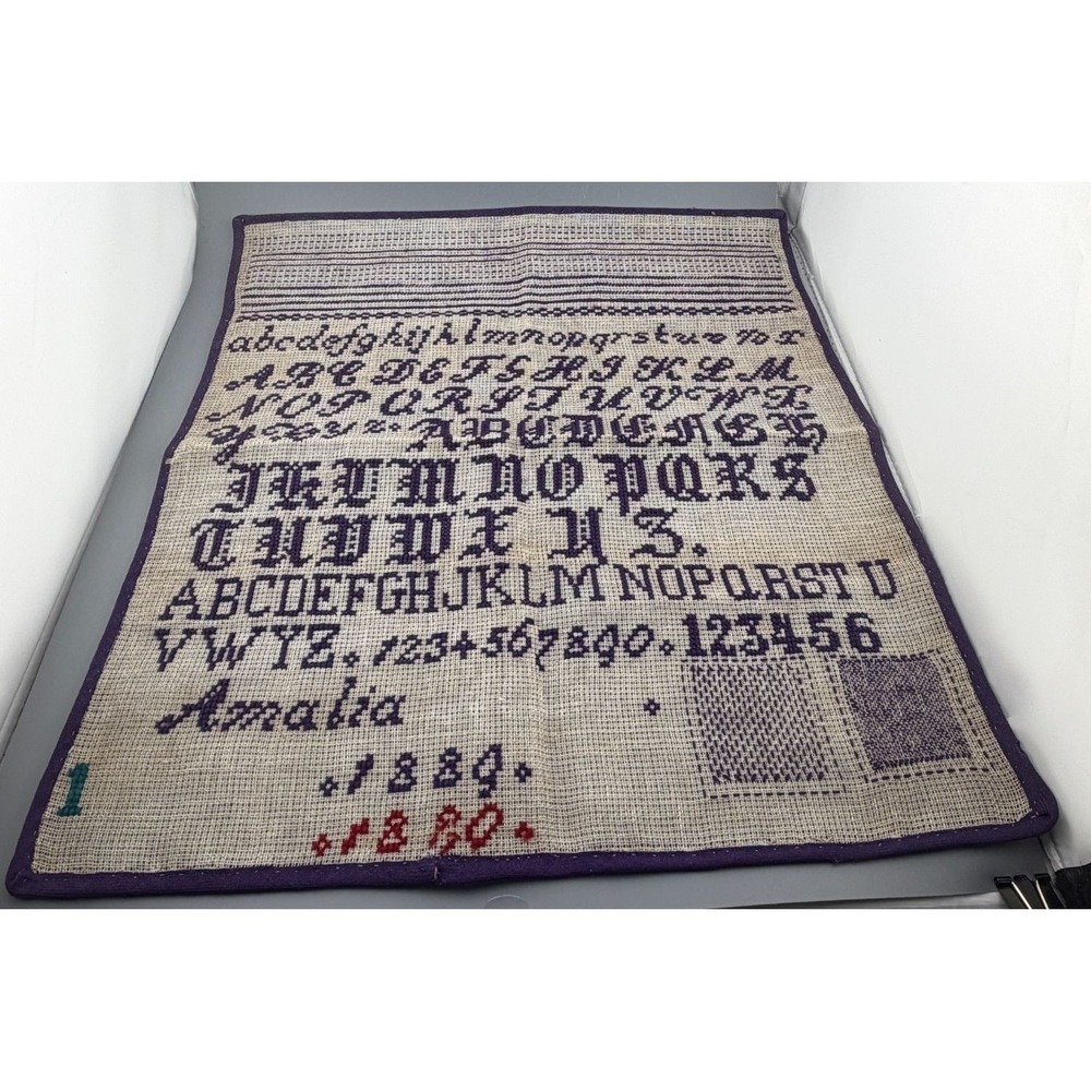 Antique Cross Stitch Alphabet Sampler 1889's Amalia Hand Stitched 15"